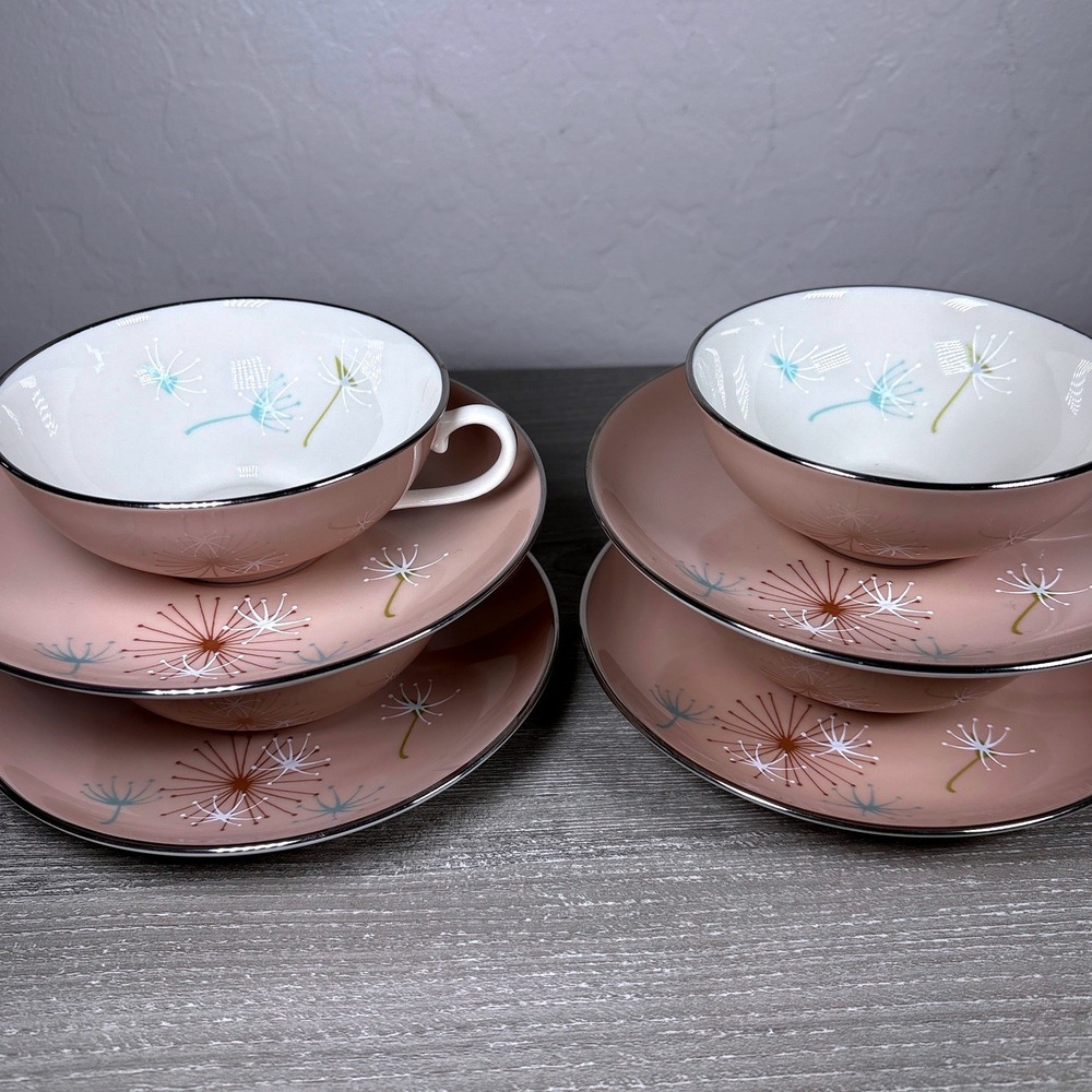 4 Sets Franciscan China Ballet Tea Cup Saucer Pink Dandelion Mid Century MCM